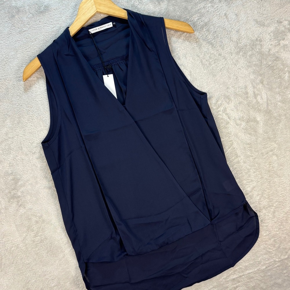 Three Eighty Two Women's Sleeveless Navy Wrap Blouse‎ High Low Hem Sz XS NWT